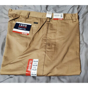 Izod Men’s American Chino Classic Flat Front Pants Size 42x30 Khaki Cotton NWT